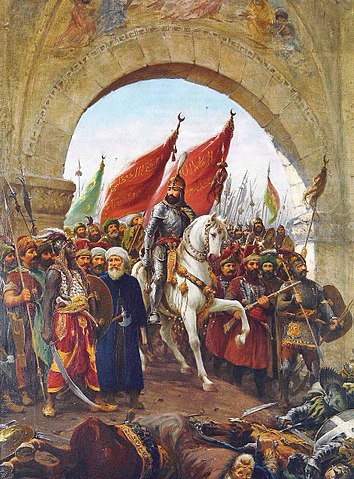 Die mohammedanische Eroberung Konstantinopels im Jahr 1453 als Gemälde.